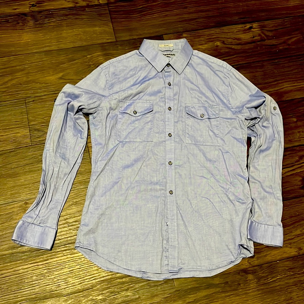 Men’s Fitted Express button-down shirt - rolled sleeve-buttons - blue sheen - L
